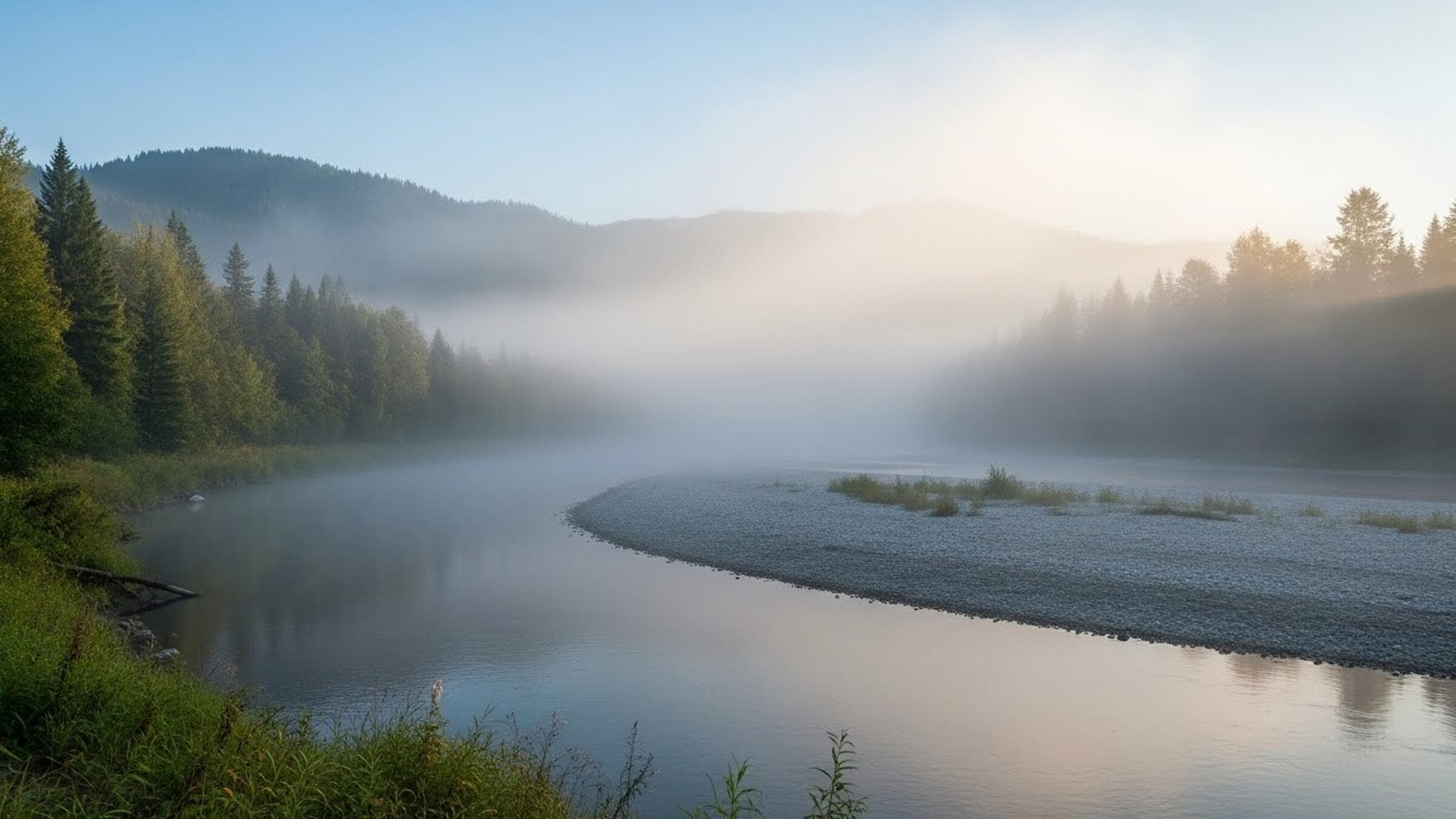 Misty river at dawn — serene landscape reflecting Mend Advisory's approach to clarity and natural flow in business